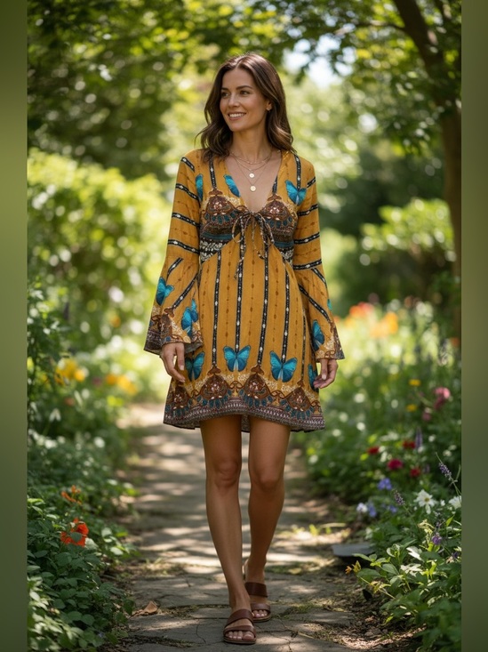 FARM Rio Dresses & Skirts - Farm Rio Brazil Mustard Yellow Butterfly Tie-Front Boho Women's Dress